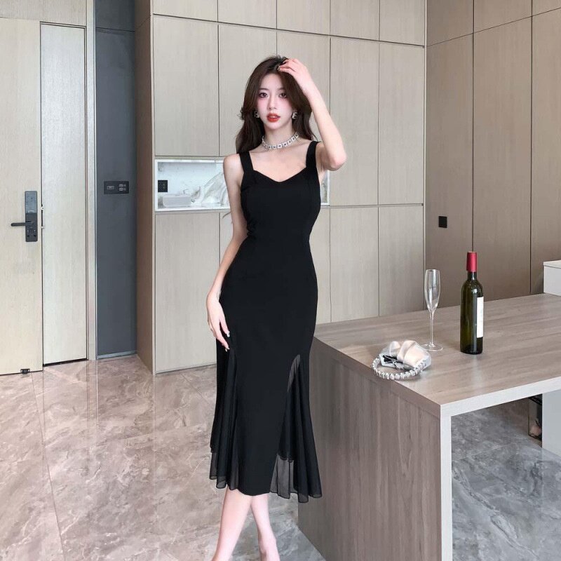 法式复古吊带时尚女春夏季小黑裙网纱拼接修身气质名媛连衣裙子
