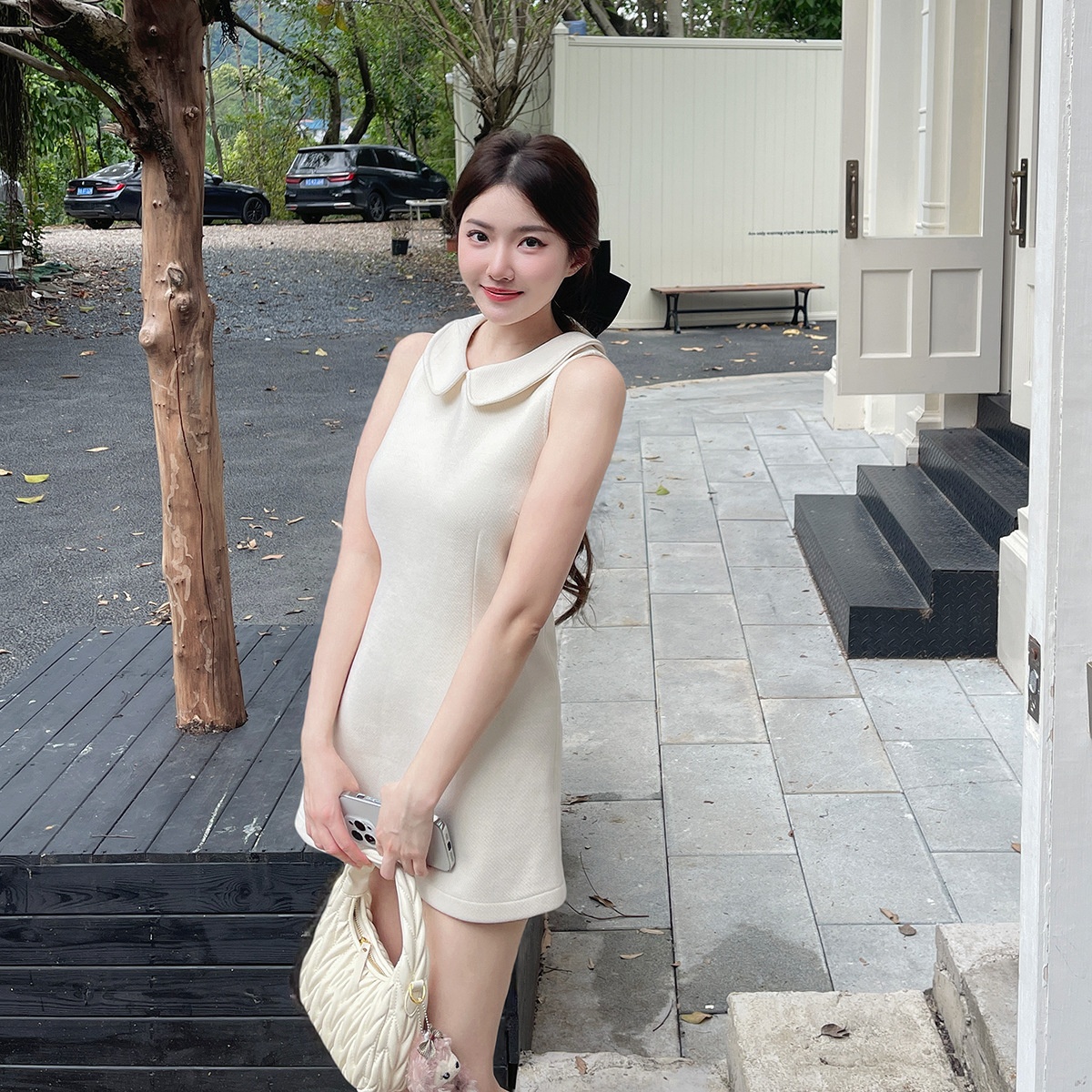 少女情绪  娃娃领毛呢背心裙秋冬格纹连衣裙