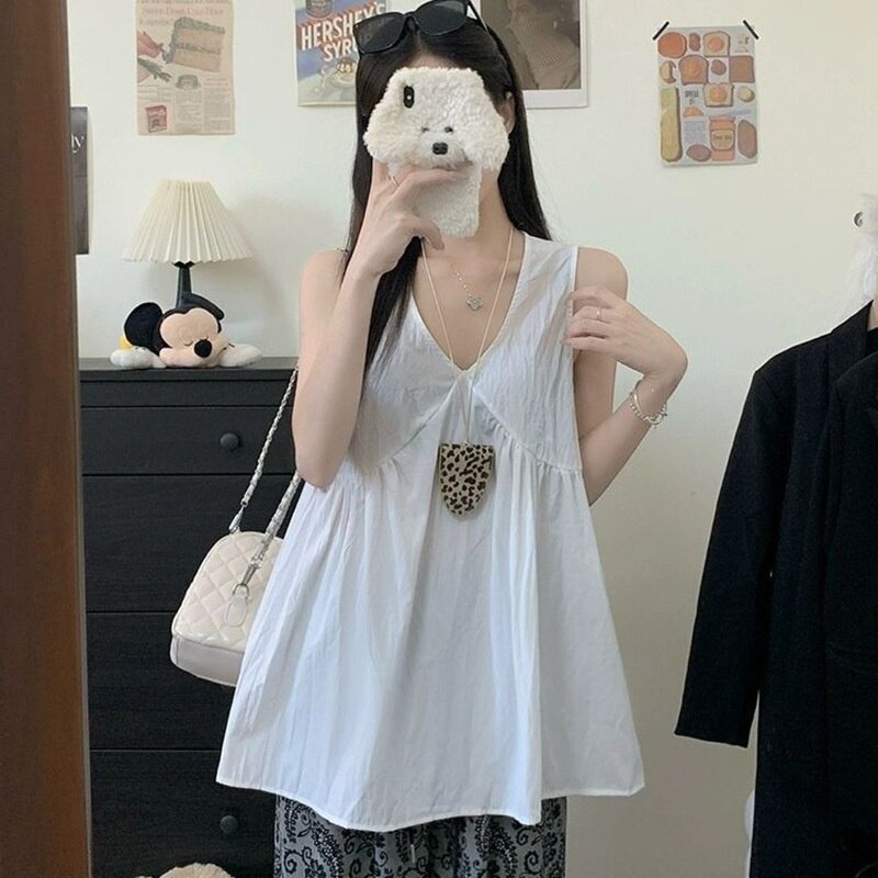 韩系v领白色运动背心女夏季外穿宽松娃娃衫减龄ins小香风无袖上衣