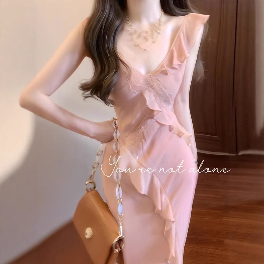 夏季新款波浪边粉色荷叶边蕾丝拼接吊带连衣裙女长裙修身鱼尾裙子