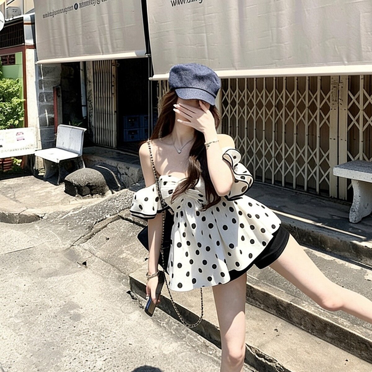 法式纯欲性感荷叶边一字肩波点上衣女设计感露肩气质衬衫夏季新款