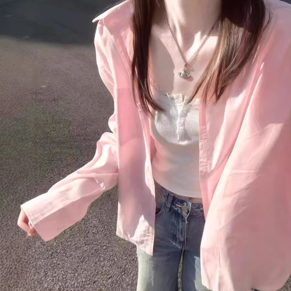 2026新款早春季粉色防晒上衣女款衬衣内搭叠穿纯棉小个子衬衫外套