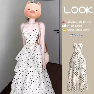 韩系复古波点吊带连衣裙夏日绝美感气质蓬蓬蛋糕收腰a字长裙