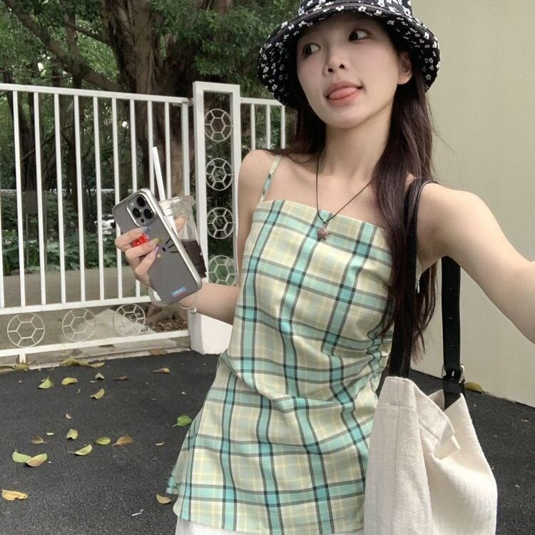 不规则黄色格子吊带背心女夏泰式多巴胺内搭外穿海边甜辣抹胸上衣