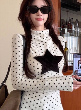 韩系波点高领长袖t恤女秋冬季2026新款修身可外穿内搭打底衫上衣