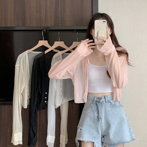 防晒开衫女薄纱小外搭外穿粉红色雪纺披肩夏季配吊带裙子短款罩衫