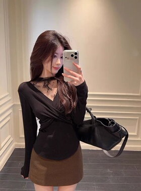 2026春秋新款磨毛蕾丝拼接长袖打底衫T恤女修身扭结性感别致上衣