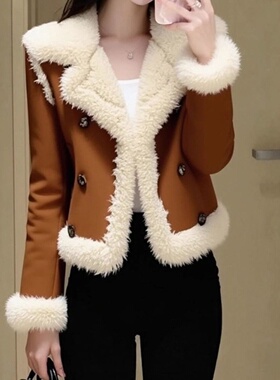 2026冬季新款小香风咖色羊羔绒短外套女独特漂亮气质加厚保暖上衣