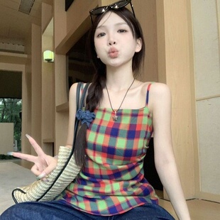 美式复古黄色格子吊带外穿撞色背心女夏季不规则别致褶皱无袖上衣