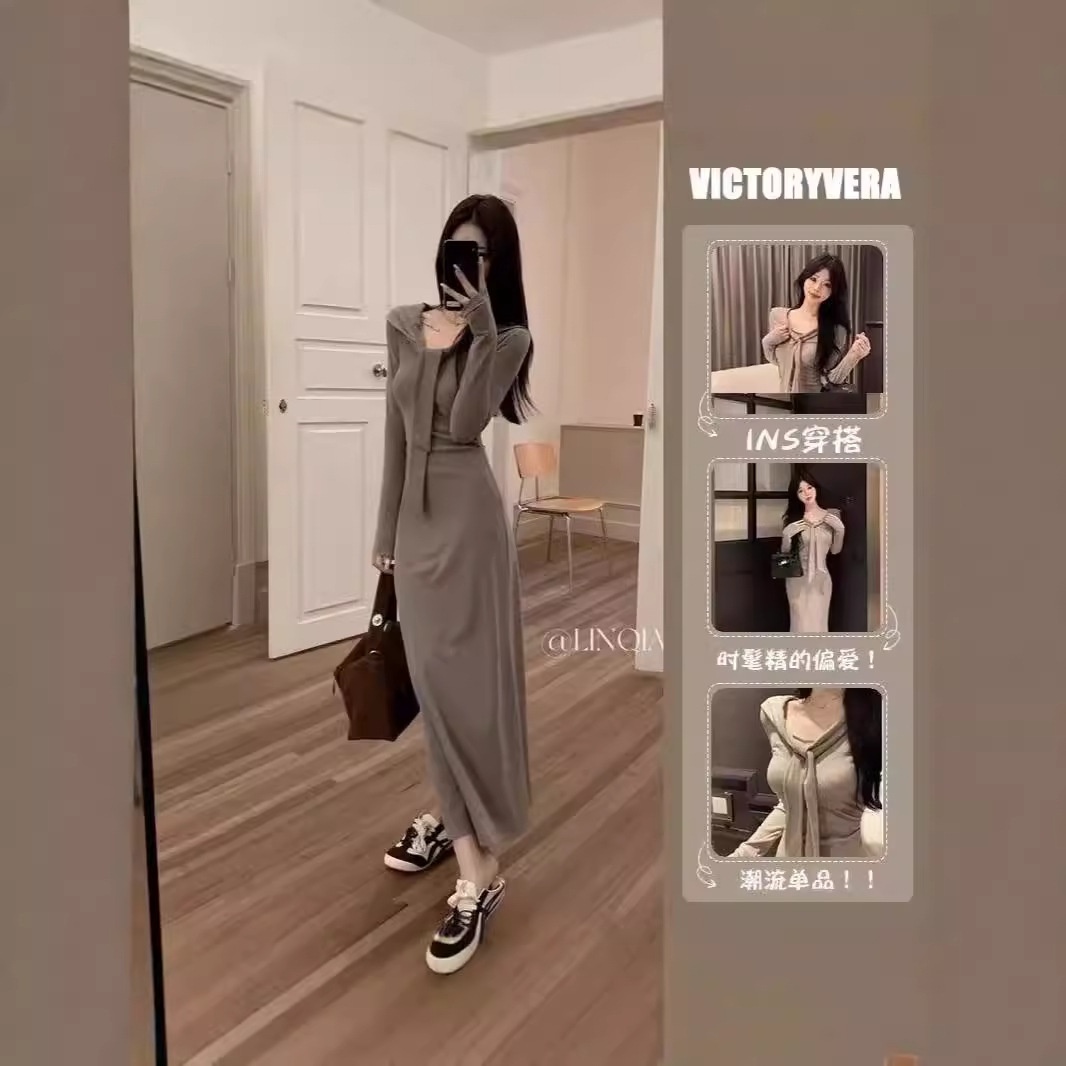 女装早秋连衣裙简约小众设计感收腰一步裙显瘦遮肉过膝长裙子ins