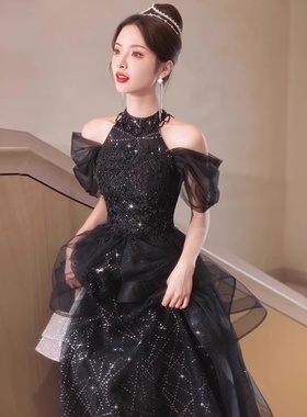 蓬蓬裙黑色挂脖年会晚宴长款晚礼服宴会气质轻奢小众高端感主持人