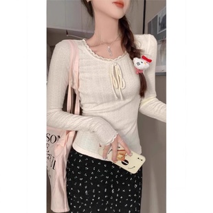 上衣 T恤内搭女秋冬圆领细带打底针织衫 甜辣纯欲修身 蕾丝花边长袖