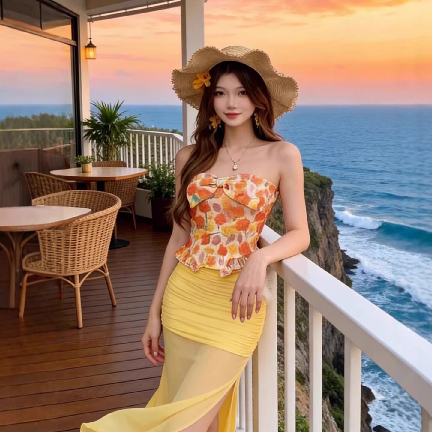 海边度假多巴胺黄色碎花抹胸上衣半身裙两件套氛围感沙滩长裙套装
