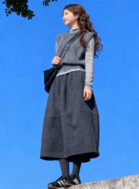 2026新款a字伞裙中长款深灰色毛呢半身裙女秋冬蓬蓬泡泡花苞裙子