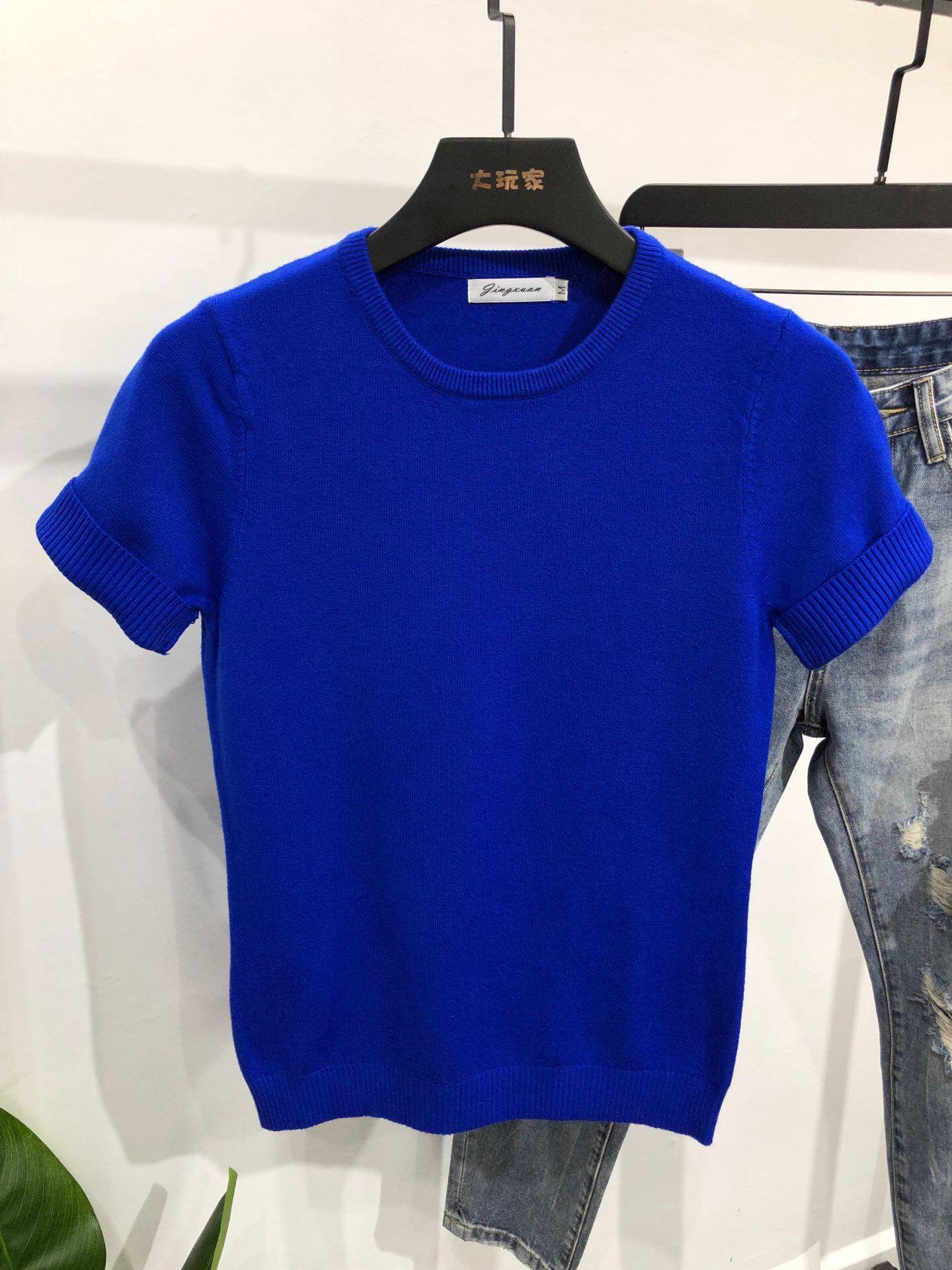 MENS TIGHT KOREAN SHORT SLEEVE SWEATER SOLID COLOR CREW NECK PLUS SIZE BASE SWEATER SUMMER T-SHIRT YOUTH KNIT HALF SLEEVE