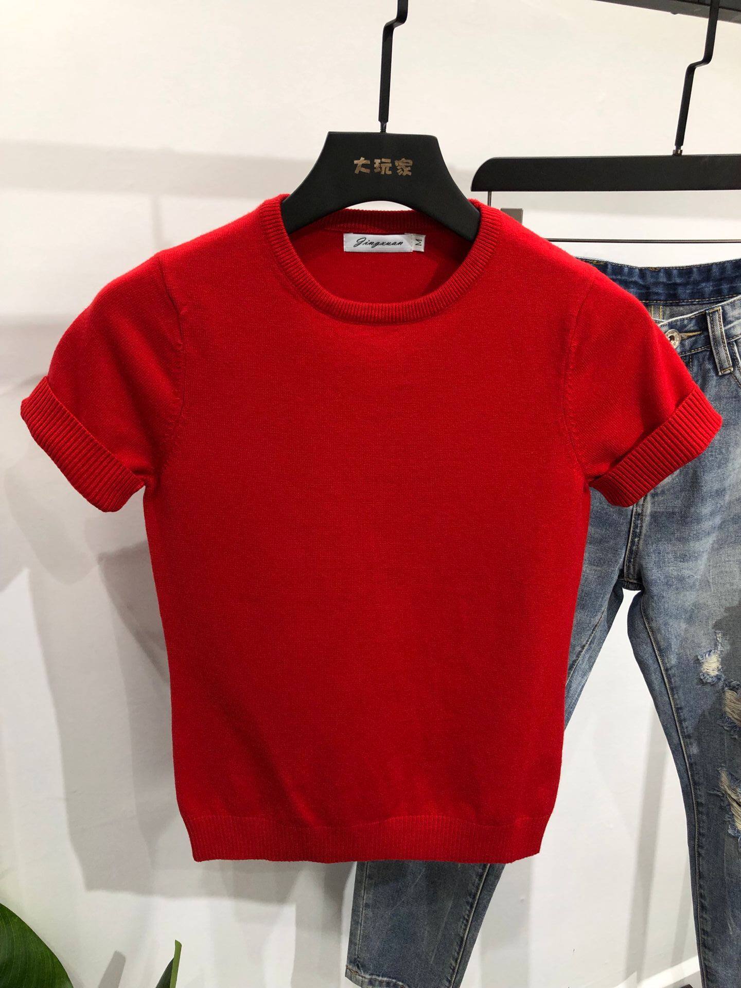 MENS TIGHT KOREAN SHORT SLEEVE SWEATER SOLID COLOR CREW NECK PLUS SIZE BASE SWEATER SUMMER T-SHIRT YOUTH KNIT HALF SLEEVE