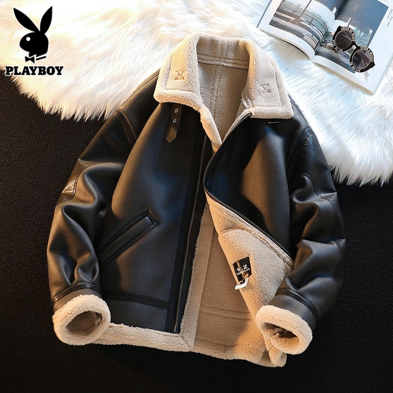 花花公子羊羔绒皮衣外套男士加厚机车服秋冬季韩版翻领皮夹克男装
