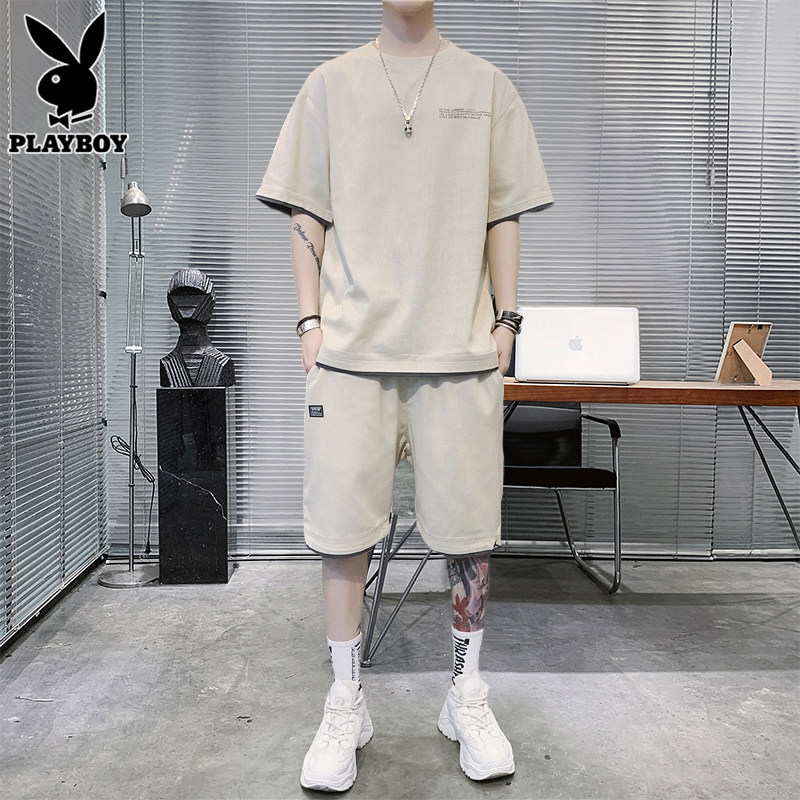 花花公子休闲套装男士棉麻短袖短裤夏季新款潮流搭配一整套帅气男