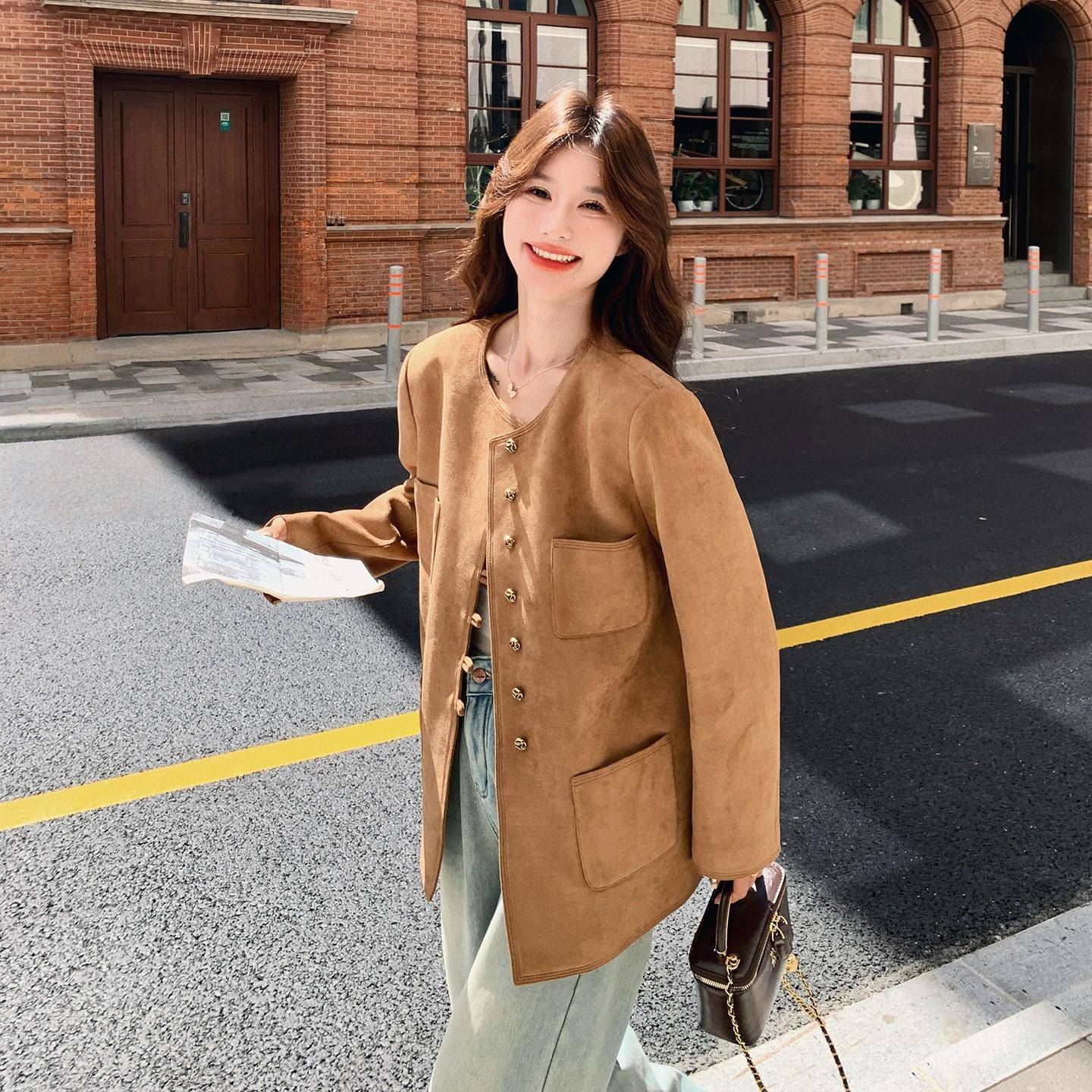 复美拉德麂皮ZHG绒古外套女202秋新款小个子超好看5气尚质时圆领