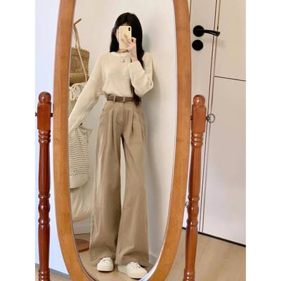 多巴穿GEH搭高腰皱直筒牛仔裤女春秋胺新款卡其色宽松显瘦阔腿褶