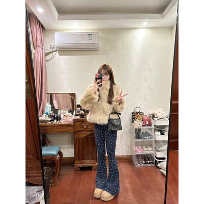 复冬古满印笑脸休闲喇叭裤女秋新高款加长绒加厚SWD修身显瘦腰百