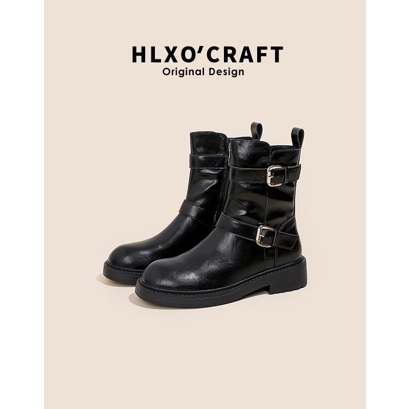 真皮丁靴女0224秋冬新款覆古皮马带扣春秋EHS单靴厚底色美拉棕德