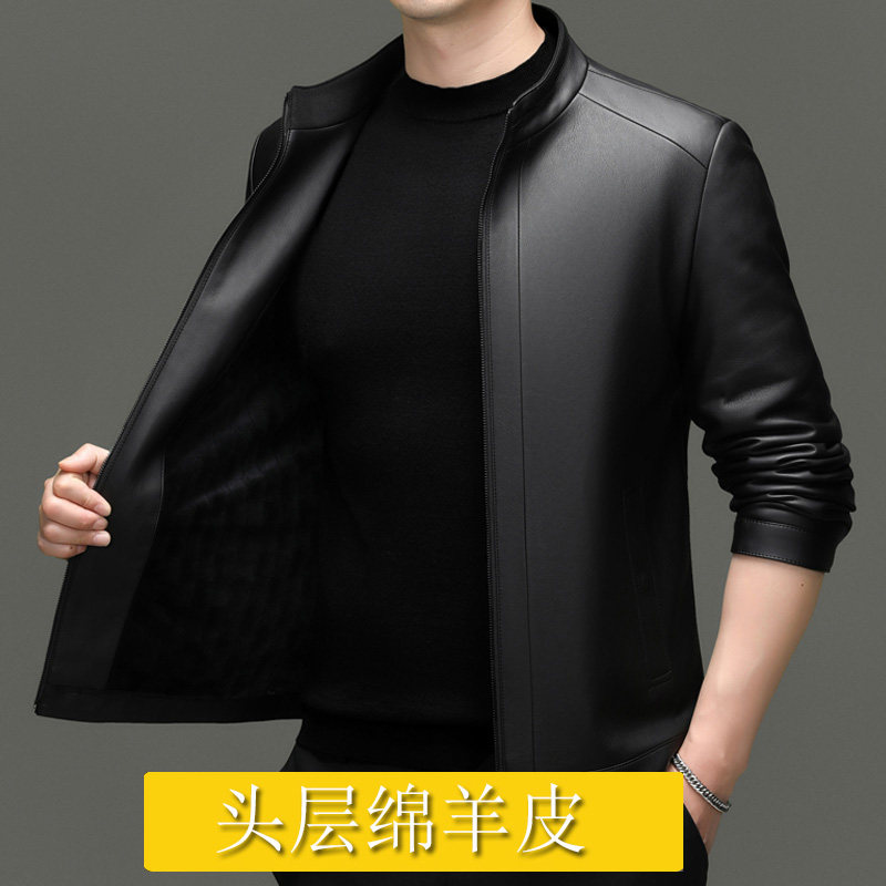 海宁真皮头层绵羊皮皮衣中年商务休闲男士立领冬季加绒加厚外套