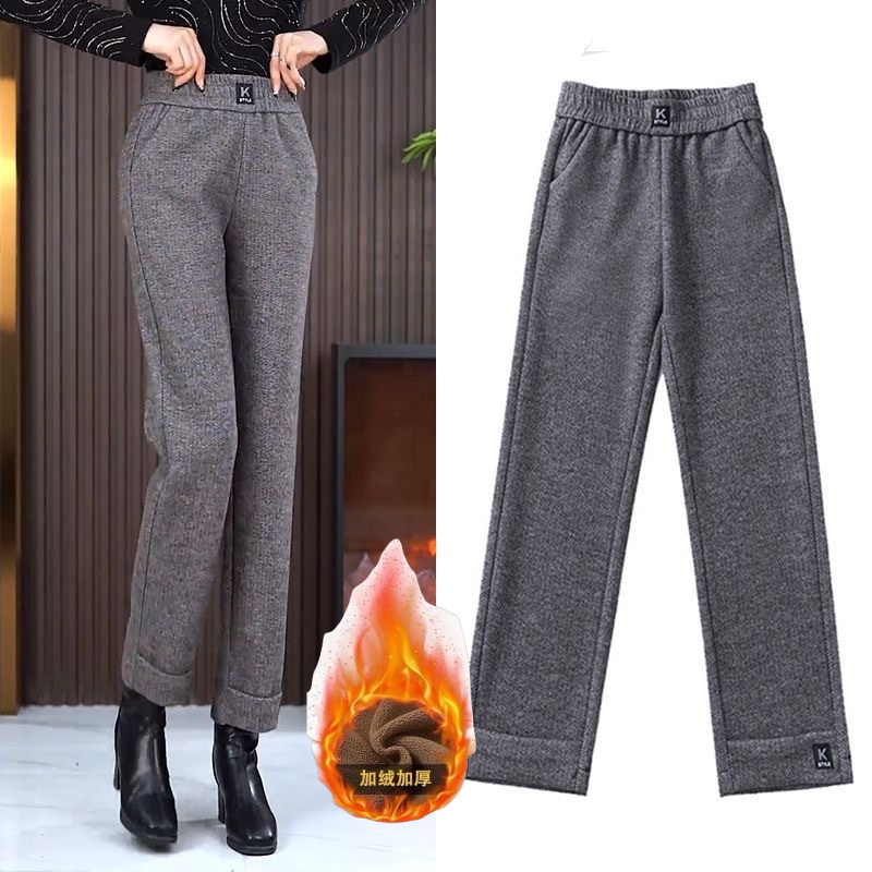 毛呢裤女加绒高腰休闲直筒妈妈裤2025秋冬加厚显瘦宽松筒裤人字纹