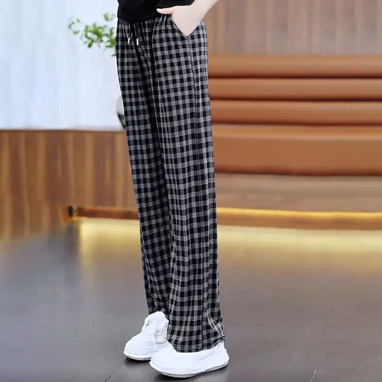 复古格子阔腿裤女夏季薄款2025新款高腰垂感宽松直筒慵懒风休闲裤