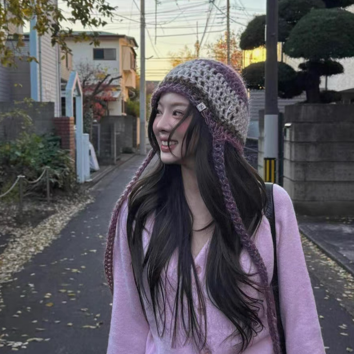 定制货!韩系绑带款温柔紫条纹针织帽春秋氛围感时尚百搭冷帽