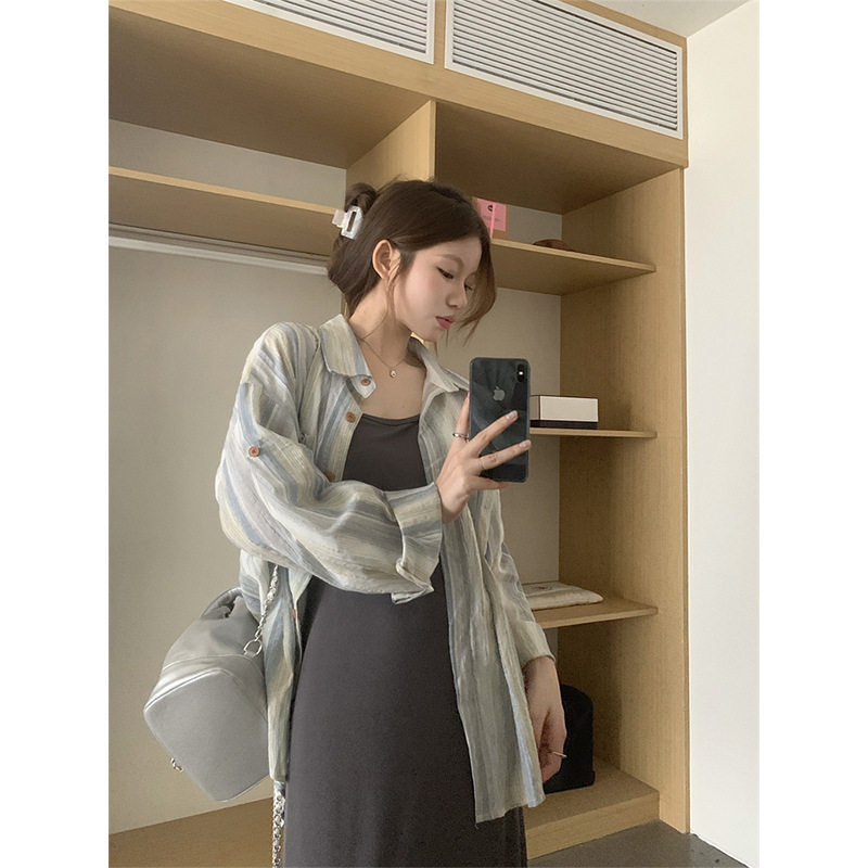 2026春季条纹防晒薄款衬衫外套+针织吊带修身连衣裙两件套装女