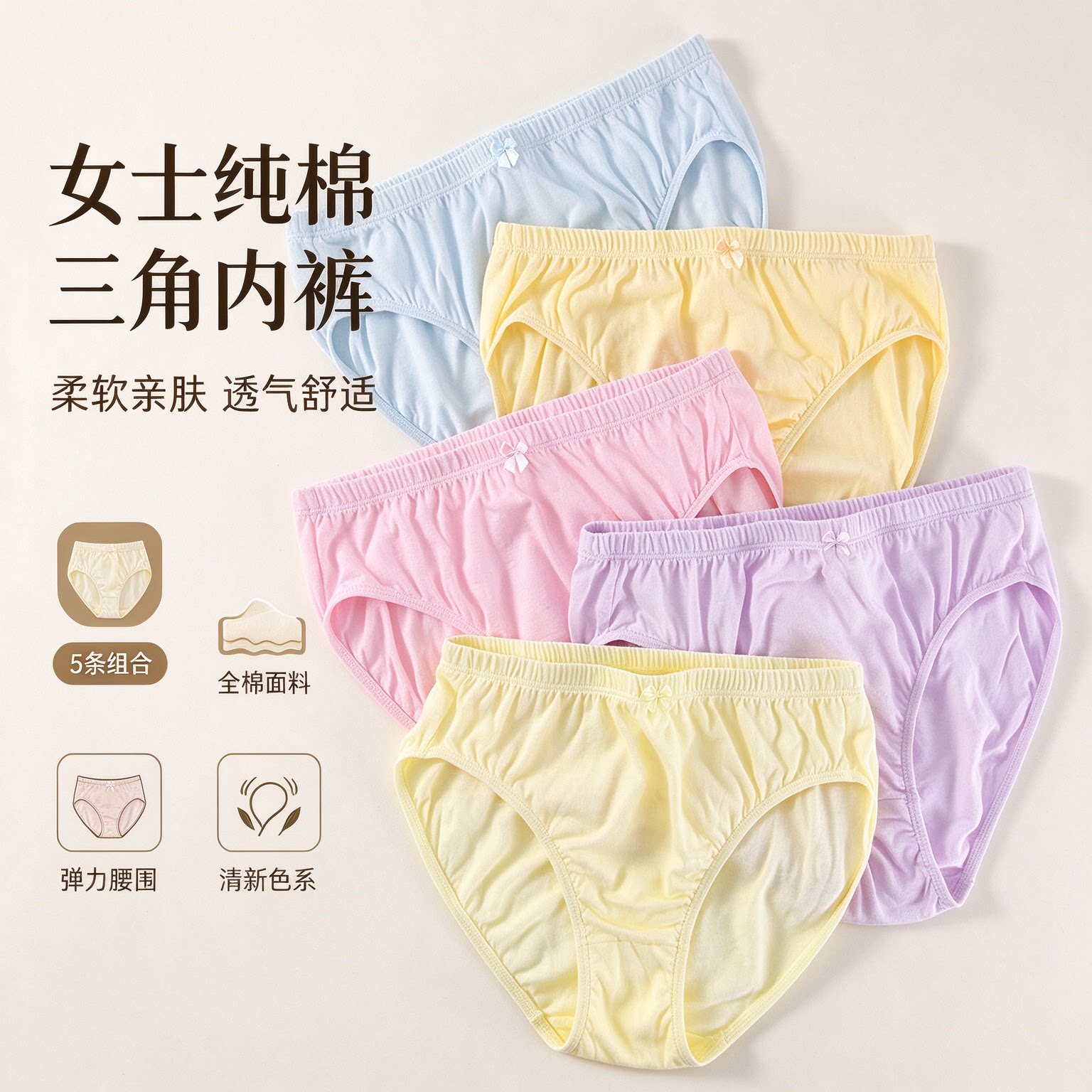 纯棉高腰透气女全棉三角内裤5条