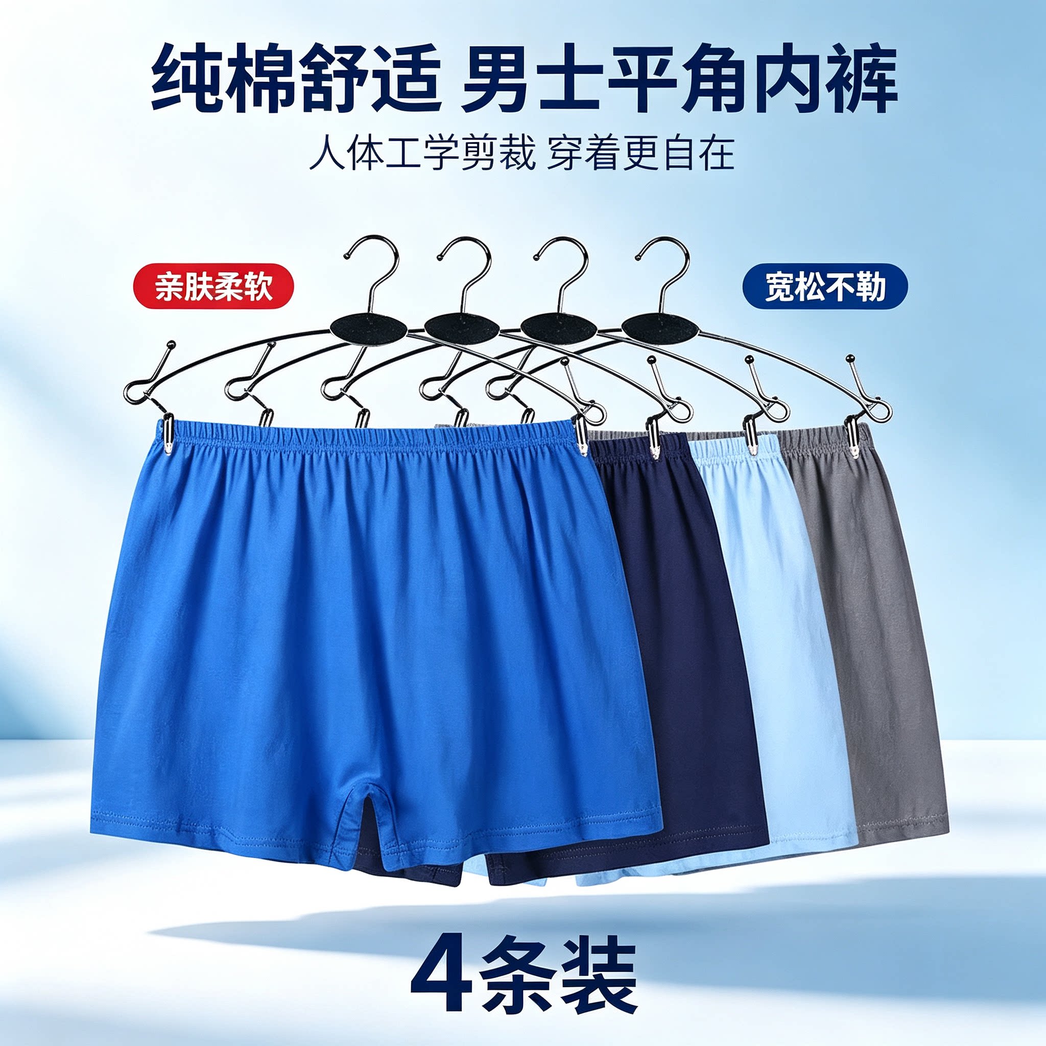 纯棉男士中老年四角内裤高腰4条