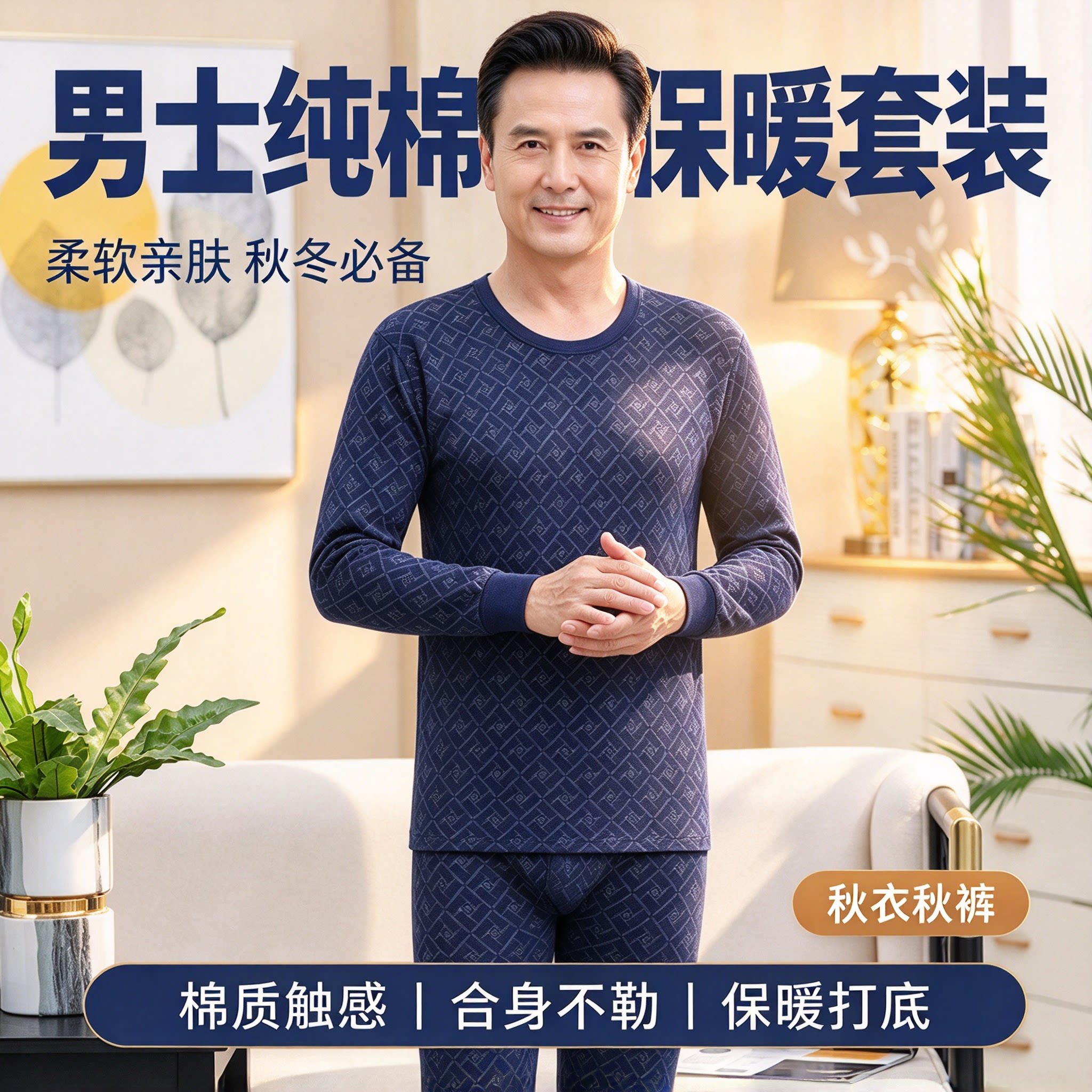 中老年男士纯棉保暖内衣秋衣套装