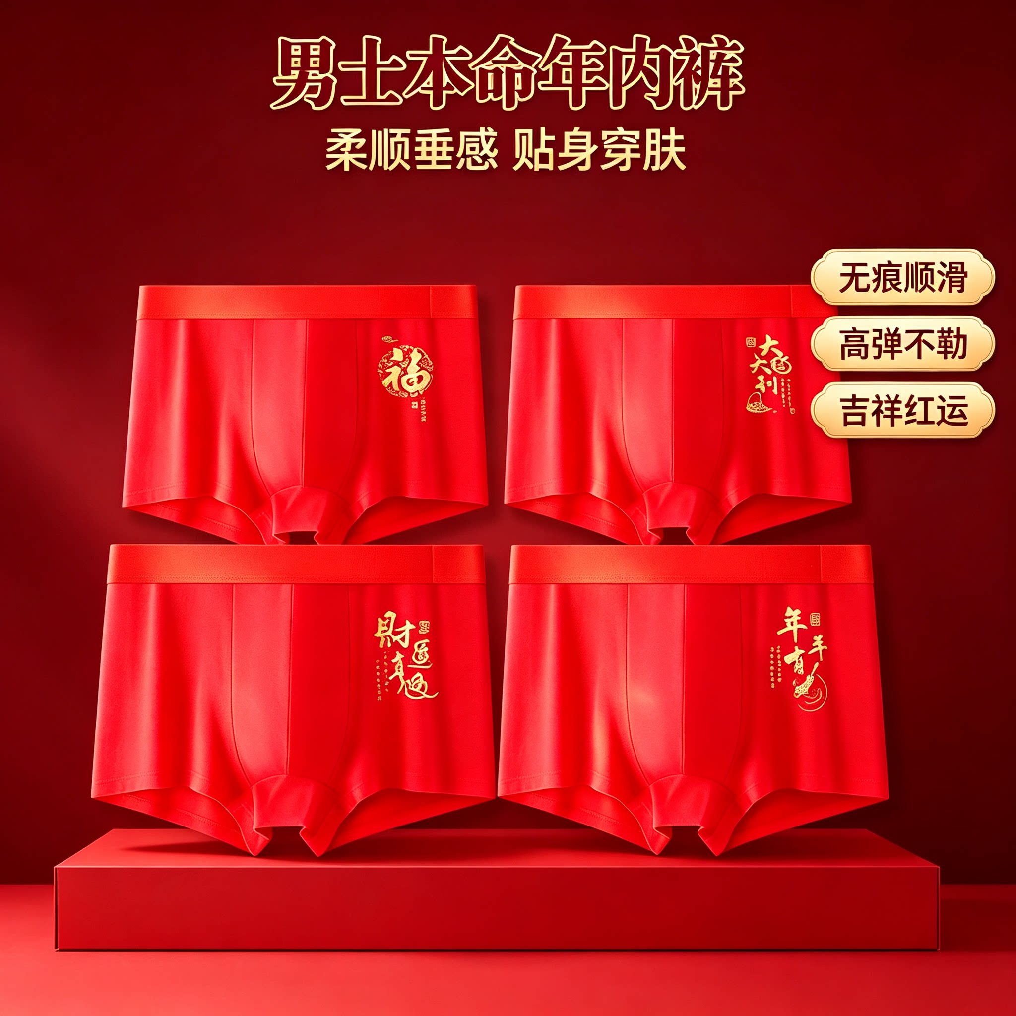 本命年男士内裤纯棉红色透气平角
