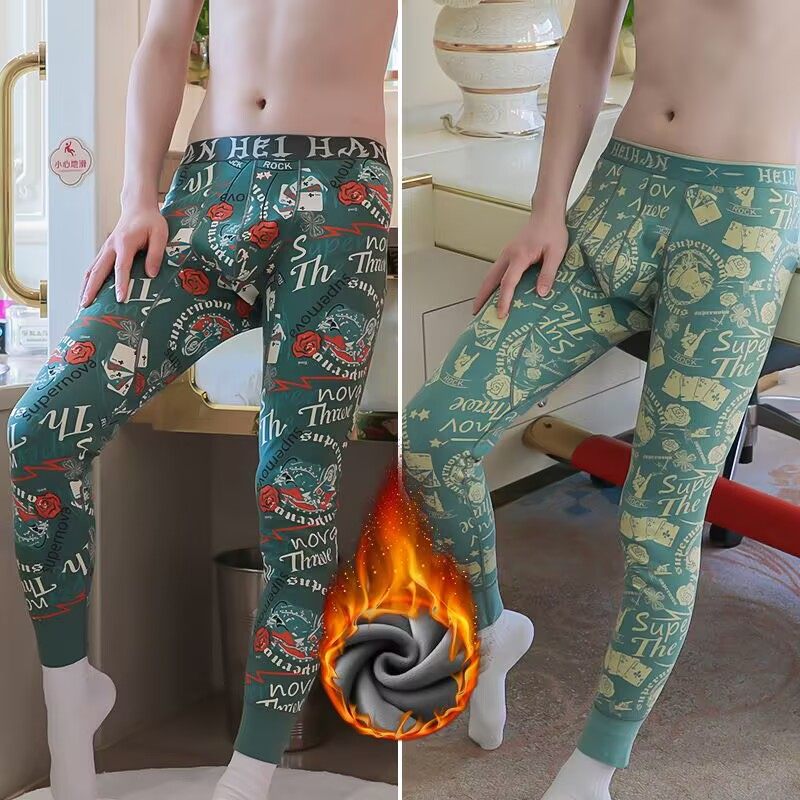 加绒加厚男士印花保暖裤防寒男生秋冬季秋裤潮流舒适个性打底裤