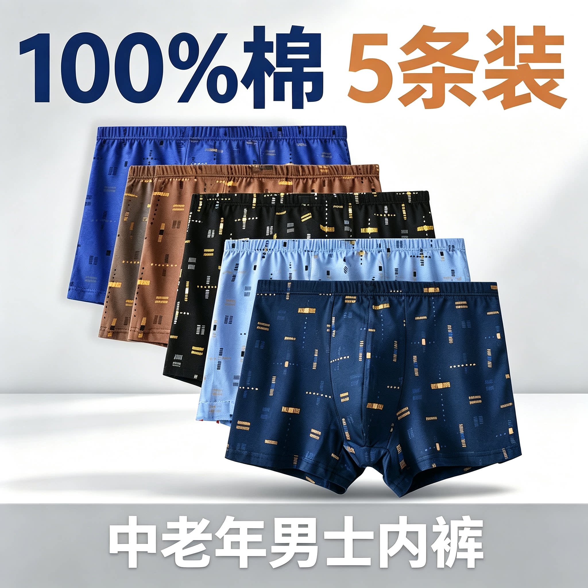 100%纯棉5条中老年平角男士内裤