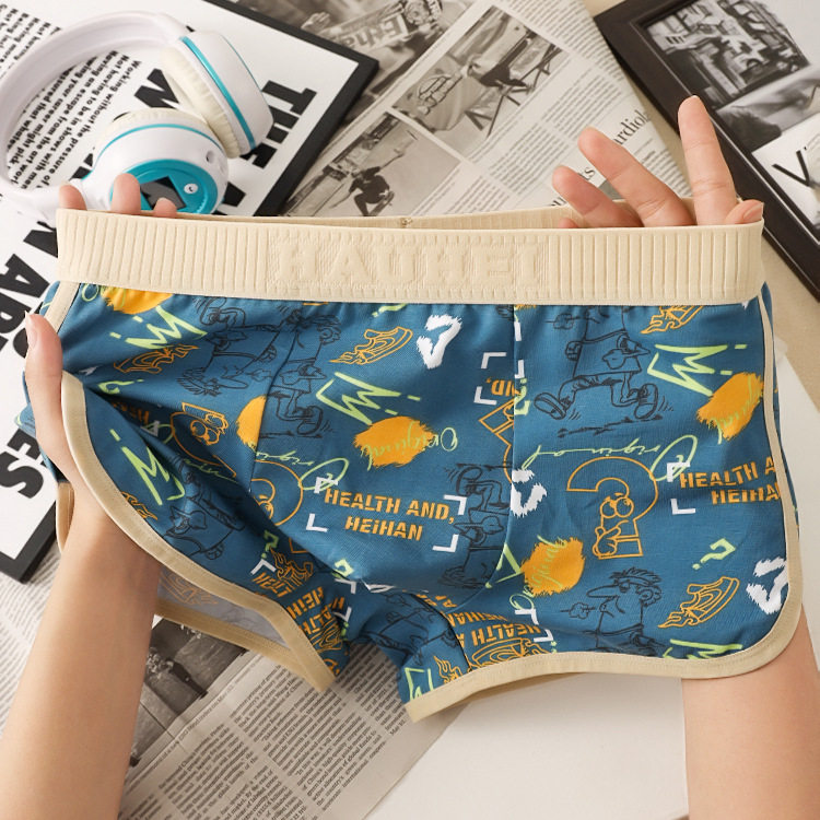 纯棉男士内裤印花潮流个性运动平角裤透气舒适中腰青年四角短裤男