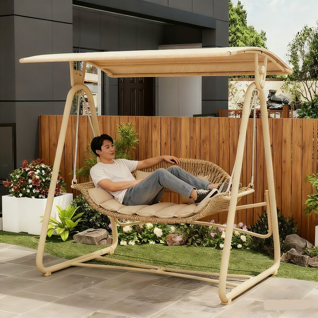 户外秋千双人庭院摇椅花园阳台藤编吊篮椅家用休闲遮阳棚网红秋千
