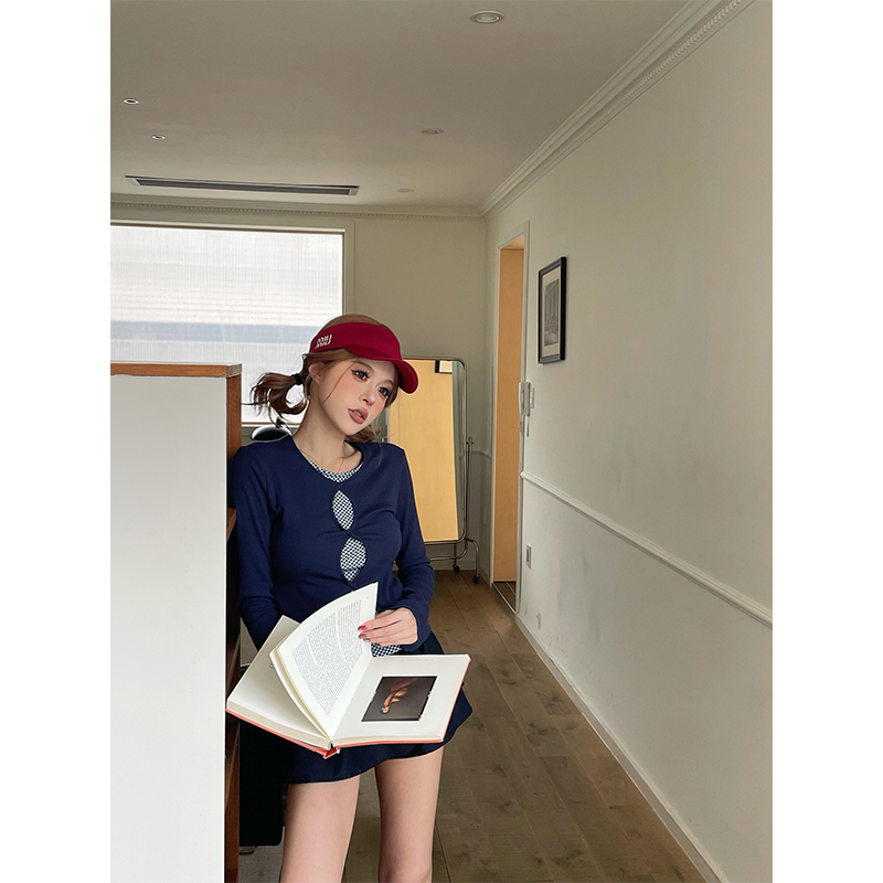 skipsmile秋冬新款小众设计感假两件长袖T恤波点修身显瘦短款上衣