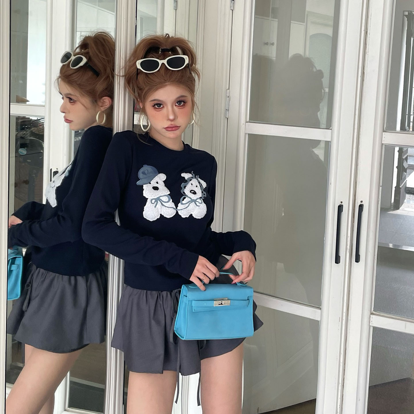 skipsmile秋冬新款可爱狗狗印花长袖T恤女休闲圆领短款藏蓝色上衣