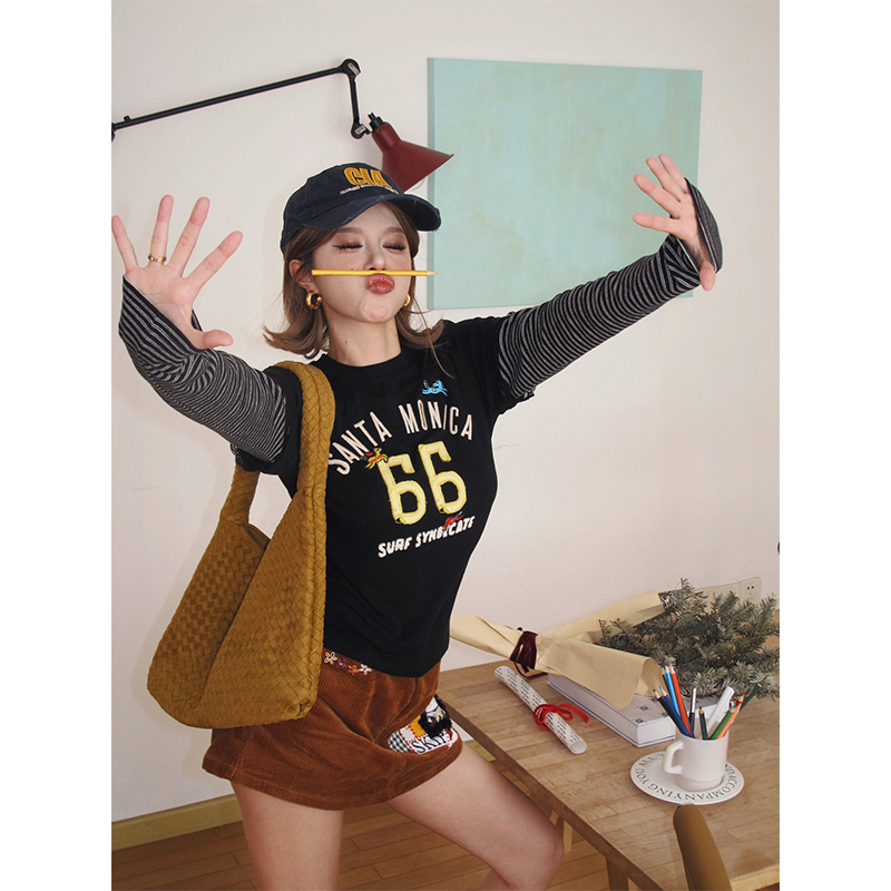 skipsmile秋冬新款甜美可爱复古拼布卡通猫咪图案灯芯绒高腰裙裤