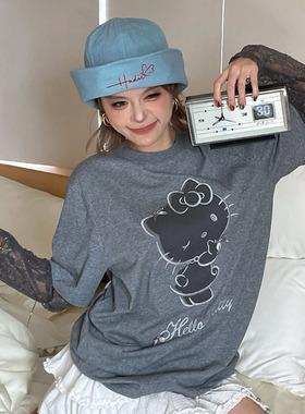 skipsmile早秋新款时髦小众kitty猫刺绣蕾丝拼接宽松休闲长袖T恤