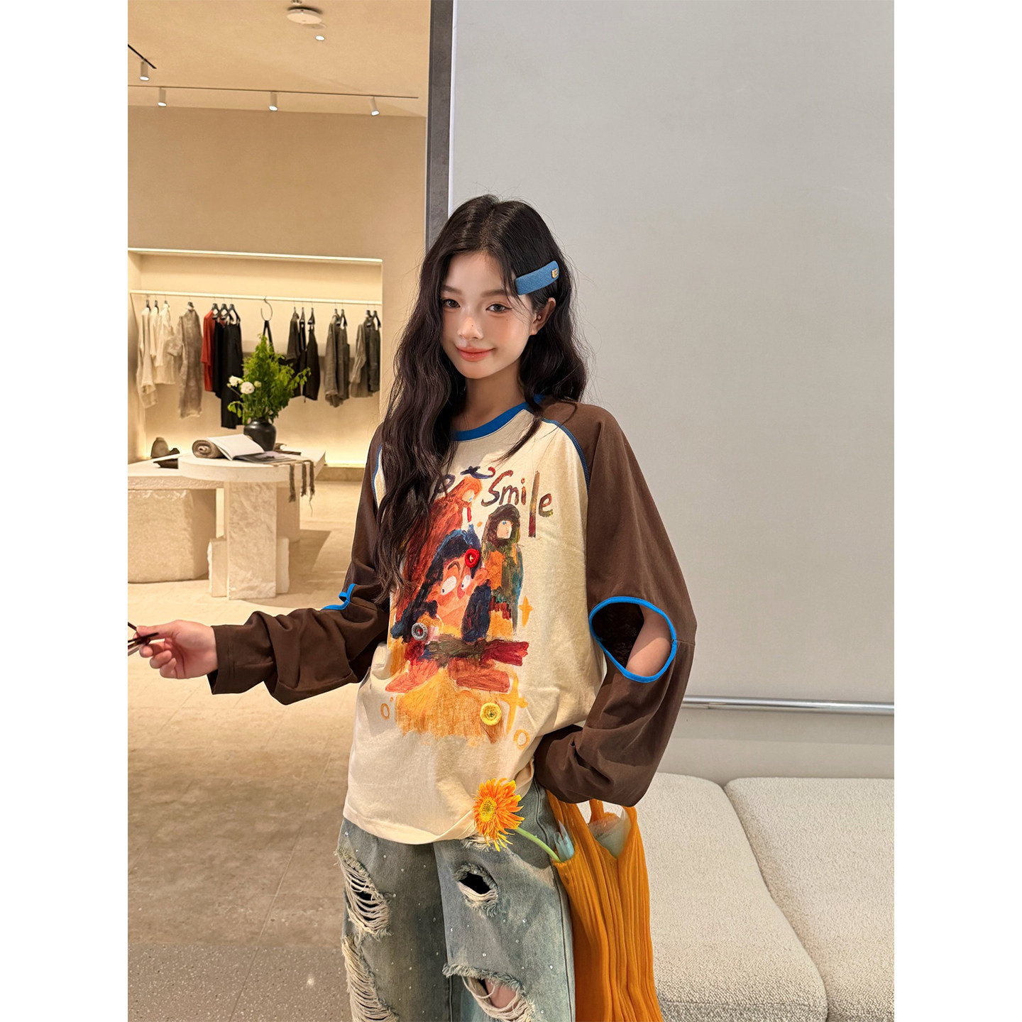 skipsmile秋季新款 撞色卡通印花宽松显瘦设计感长袖T恤女