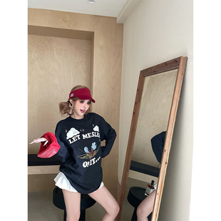 skipsmile秋冬新款 上衣T恤 时髦小众趣味米奇卡通字母印花圆领长袖