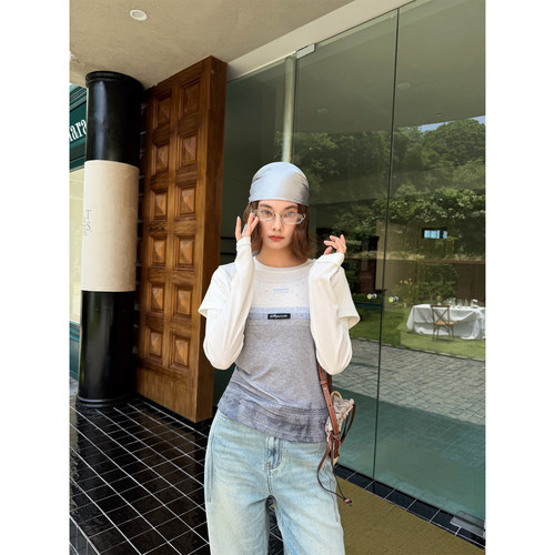 skipsmile秋季新款 韩系假两件渐变色印花修身长袖T恤女