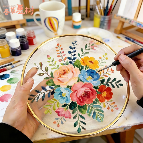 毕业季礼物手绘玻璃盘子DIY手工材料彩绘水果盘团建亲子沙龙活动