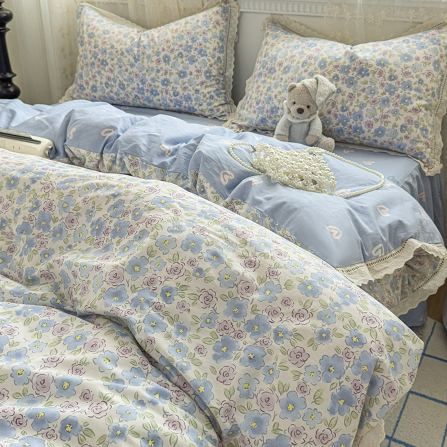 田园风花卉纯棉被套单件全棉床上四件套韩式花边床裙被罩床笠床单