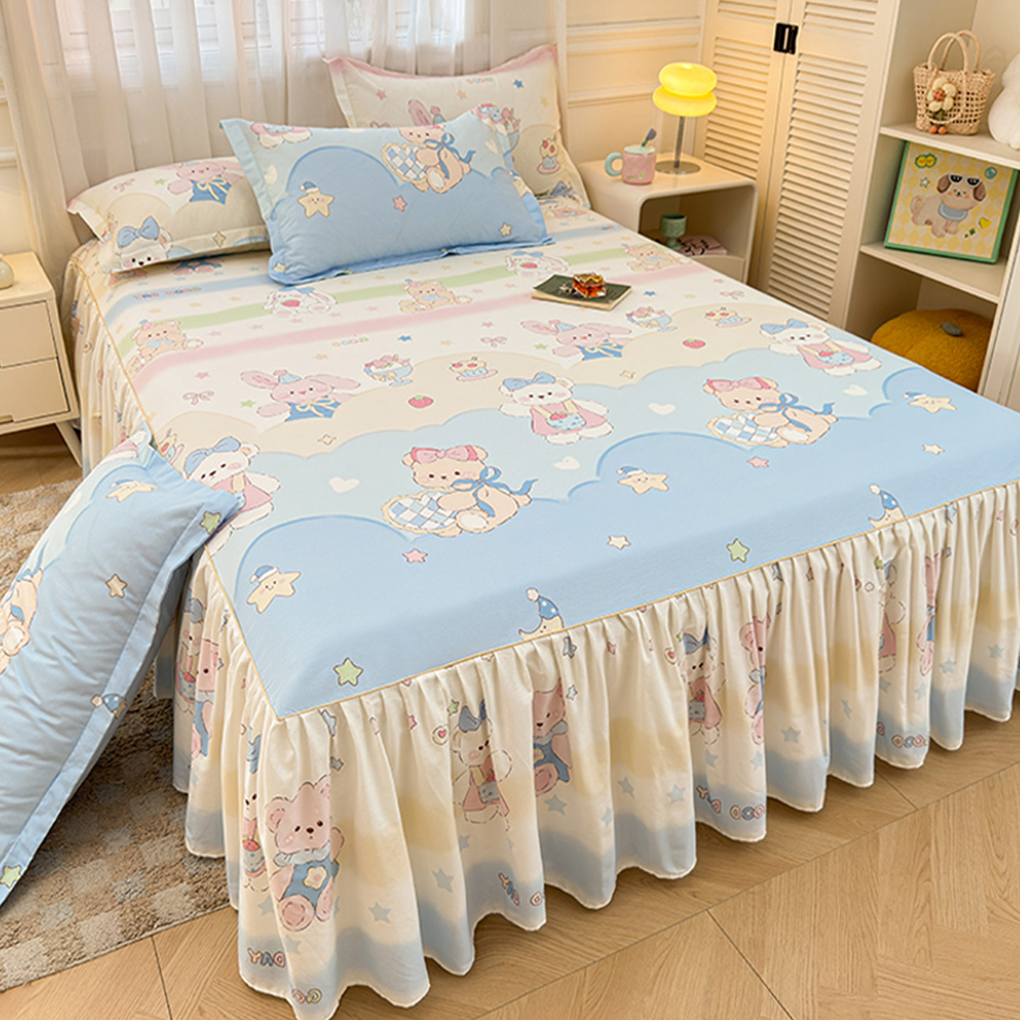 纯棉床裙单件2026新款儿童卡通全棉床罩床单带裙边公主风遮丑下摆