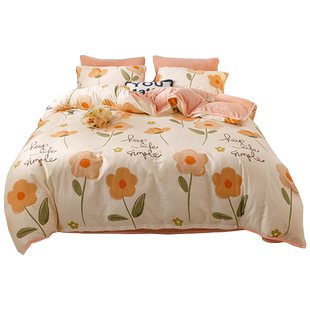 冬季A全棉B牛奶绒四件套珊瑚绒加厚单面棉加绒被套床笠床裙三件套